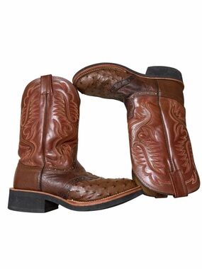 Larry Mahan Brown Ostrich-Texture Western Cowboy Boots, sz8, pre-owned